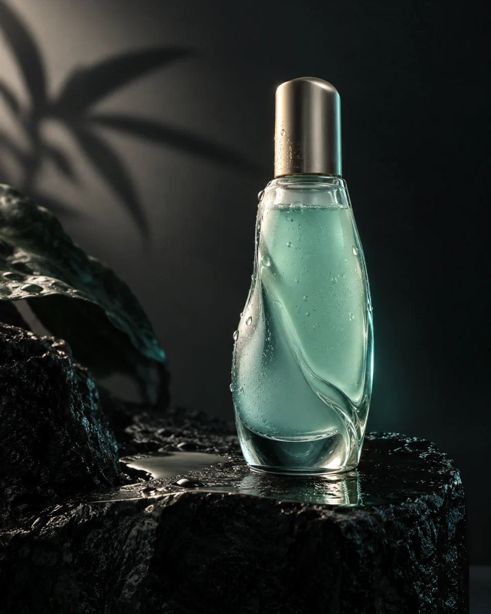 Illustrative AI-generated concept of a translucent sea-glass bottle on dark reflective stone.